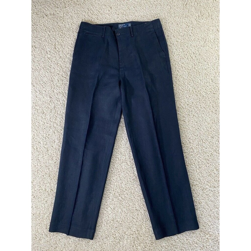 Vintage Polo Ralph Lauren Navy 100% Linen Pleated Pants Mens 32x29